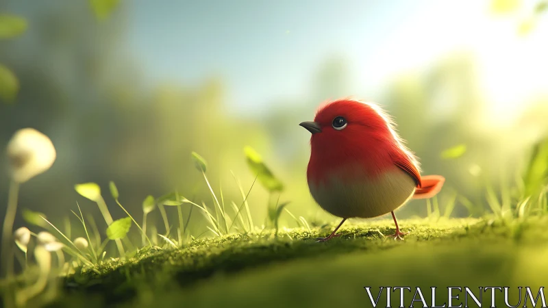Round red songbird walks across sunlit forest moss