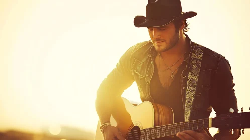 Country guitarist plays acoustic under warm sunset light