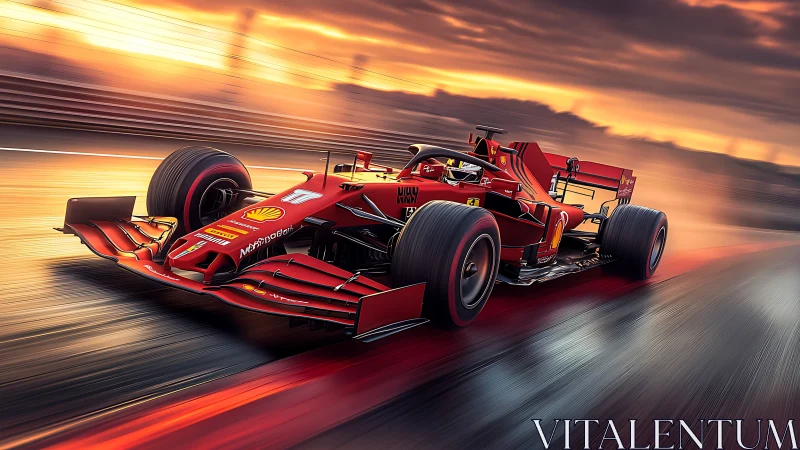 Red Formula racing car accelerates on wet track at sunset