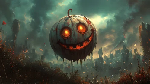 Apocalyptic skyline with levitating jack-o-lantern dreadnought.