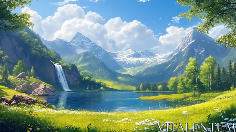 Sunlit alpine lake rests below snowy peaks and waterfall