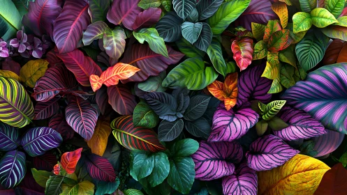 Multicolored tropical foliage pattern with dense leaf layering.