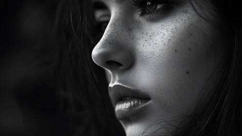 Softly lit freckled profile capturing quiet emotion.
