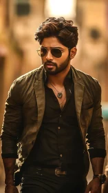 Shallow depth portrait of man in urban alley with warm bokeh