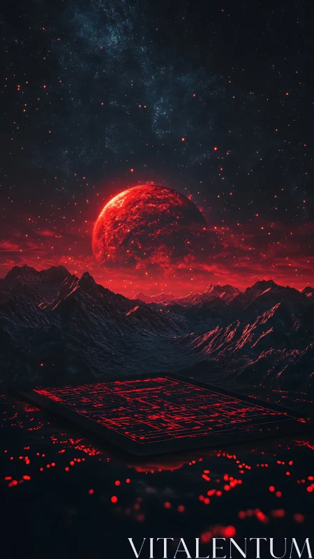 Red planetary body over circuit-like platform in dark valley