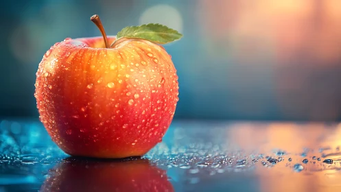 Lustrous dewy apple on reflective glass with bokeh glow.