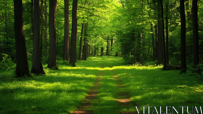Sunlit forest path with lush greenery in tranquil natural landscape.
