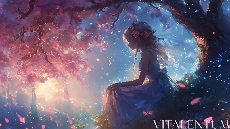 Dreaming girl rests beneath glowing cherry blossoms at dusk
