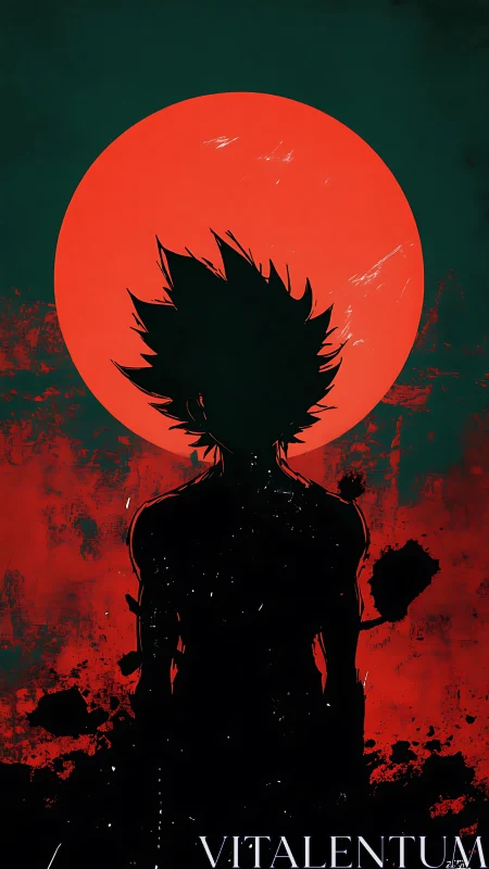 Silhouetted warrior beneath a bloodred moonrise blaze.