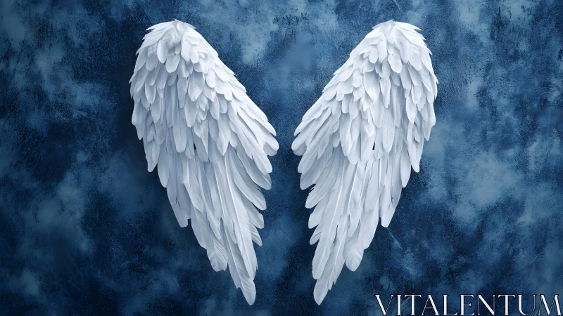 Elegant White Angel Wings on Blue Textured Artistic Background.