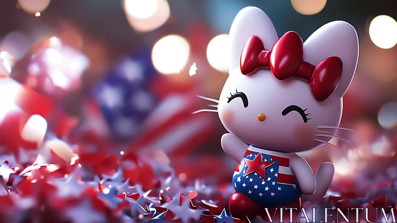 Patriotic cartoon cat figurine stands amid festive confetti