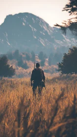 Lone armed figure crossing dry field toward distant mountain.