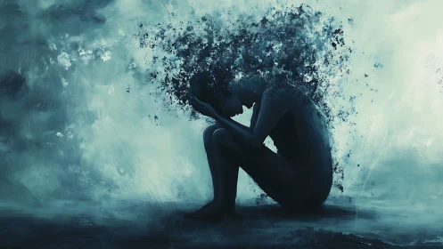 Silhouette figure dissolving in textured monochrome space.