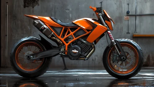 High-detail orange supermoto motorcycle with exposed trellis frame