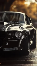 Rain-beaded muscle coupe under shallow-depth bokeh light study.