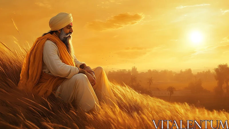 Meditative elder in golden wheat field at radiant sunset.