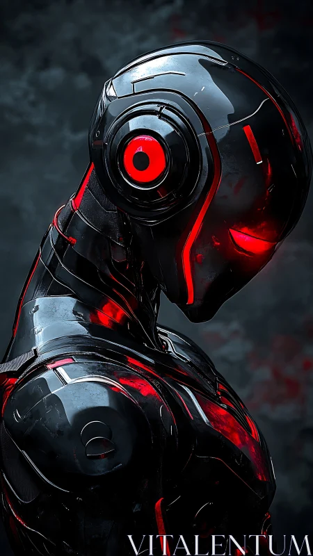 Cybernetic sentinel with red neon accents in profile