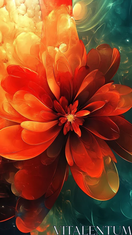 Fractal-rendered crimson bloom in luminous bicolor nebula field