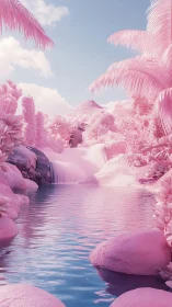 Monochrome pink tropical waterfall landscape in daylight.