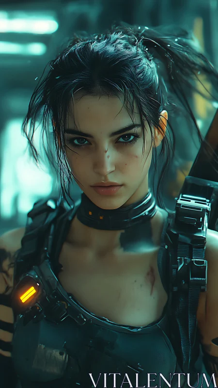 Female combatant in tactical armor stands in dim teal light