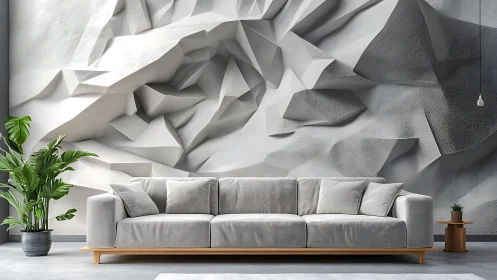 Photorealistic living room with sculpted geometric wall relief.