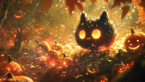 Luminous cat-shaped jack o’lantern amid volumetric autumn glow.