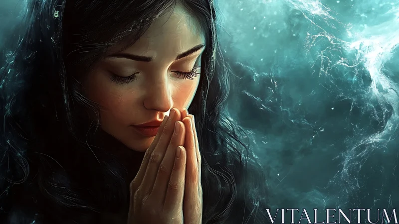 Young woman prays in profile against teal abstract backdrop.