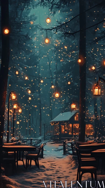 Snowy forest café terrace glows under dense hanging lanterns