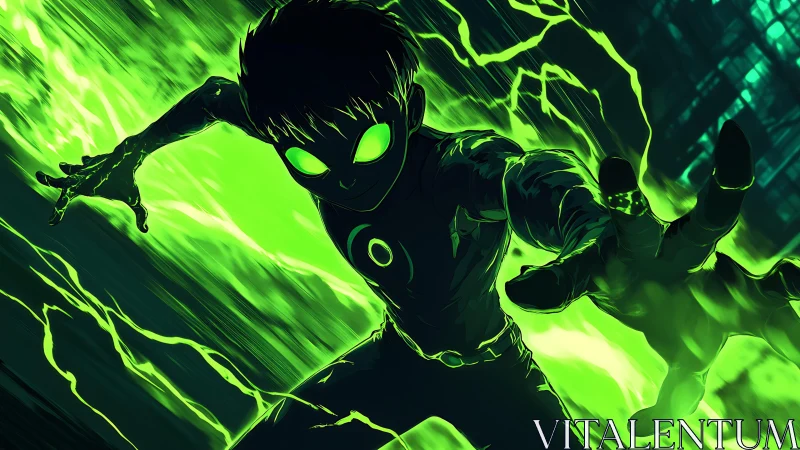 Green-eyed energy hero lunges through electric vortex