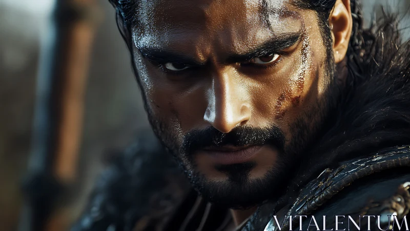 Battle-worn warrior stares forward with intense focus