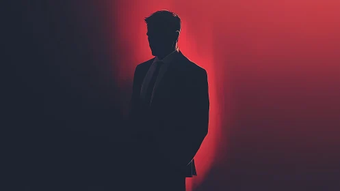 Silhouetted suited figure in high contrast red rim lighting