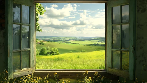 Open wooden window framing sunlit rural fields and sky.