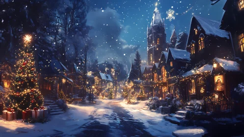 Snow covered village street shows illuminated Christmas decorations