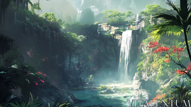 Lush jungle waterfall cascades through sunlit emerald gorge.