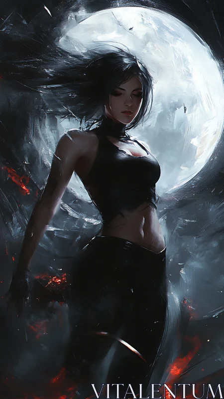 Dark haired woman stands before large moon in swirling smoke