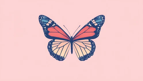 Gentle butterfly with soft pastel wings against pink sky.