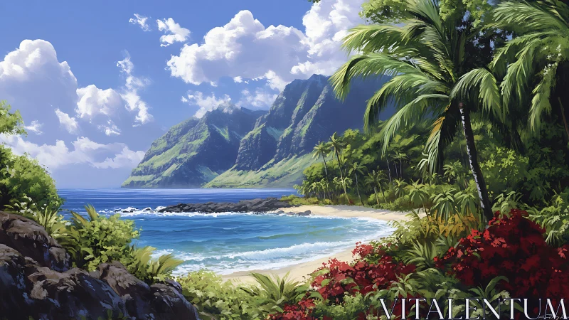 Tropical Paradise Beach with Dramatic Mountain Cliffs.
