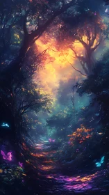 Luminous forest path glows under radiant enchanted sunrise