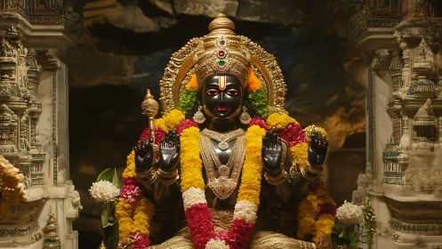 Black stone Hindu deity statue adorned with vivid garlands
