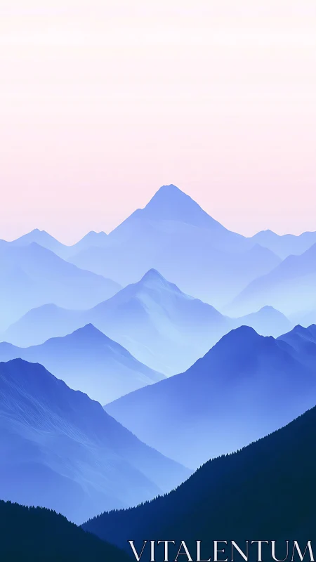 Layered blue mountain ridges fade into a pastel dawn.