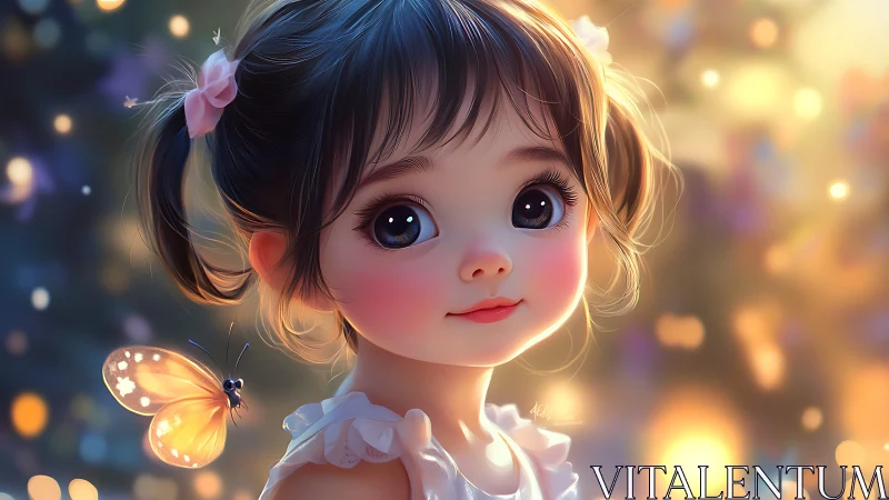 Portrait of Young Girl with Butterfly and Luminous Bokeh Environment