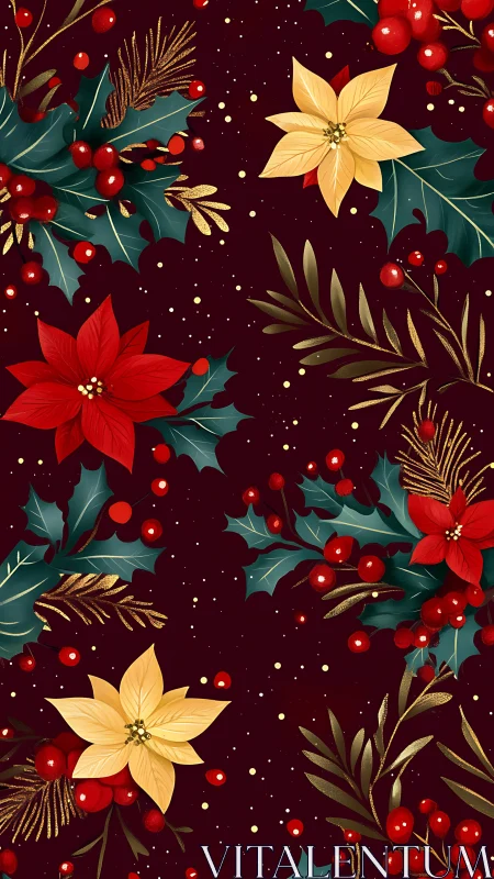 Poinsettias and holly berries form rich seamless Christmas pattern