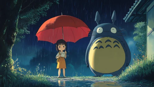 Nocturnal rainfall rendezvous of child and forest guardian.