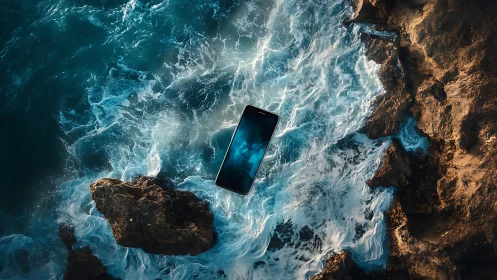 Smartphone hovers over crashing ocean surf and rugged cliffs.