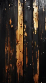 Charred wood planks reveal golden grain beneath weathered black surface.