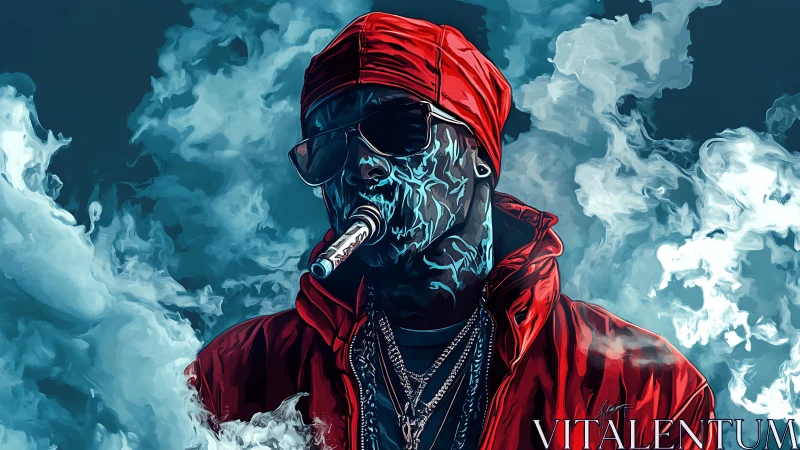 Hooded street figure exhales neon smoke in electric haze