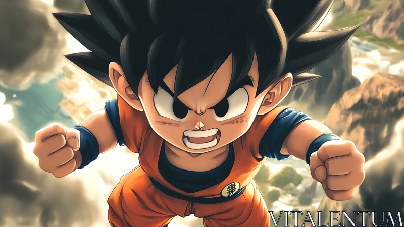 Fiery young warrior rockets skyward through stormy skies.