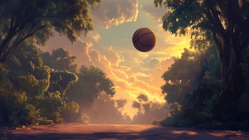Basketball hovers over forest road beneath structured clouds