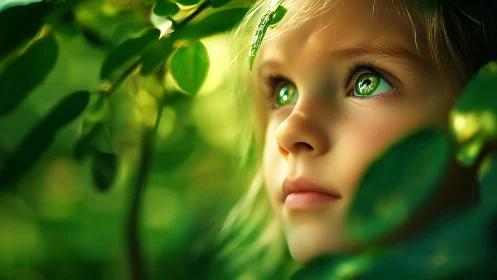 Young figure with luminous green eyes among foliage.