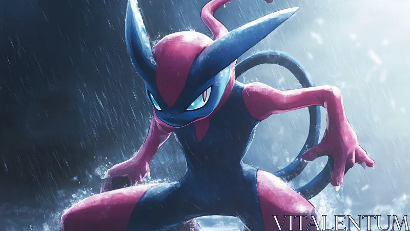 Red and blue ninja creature crouching in heavy rain.